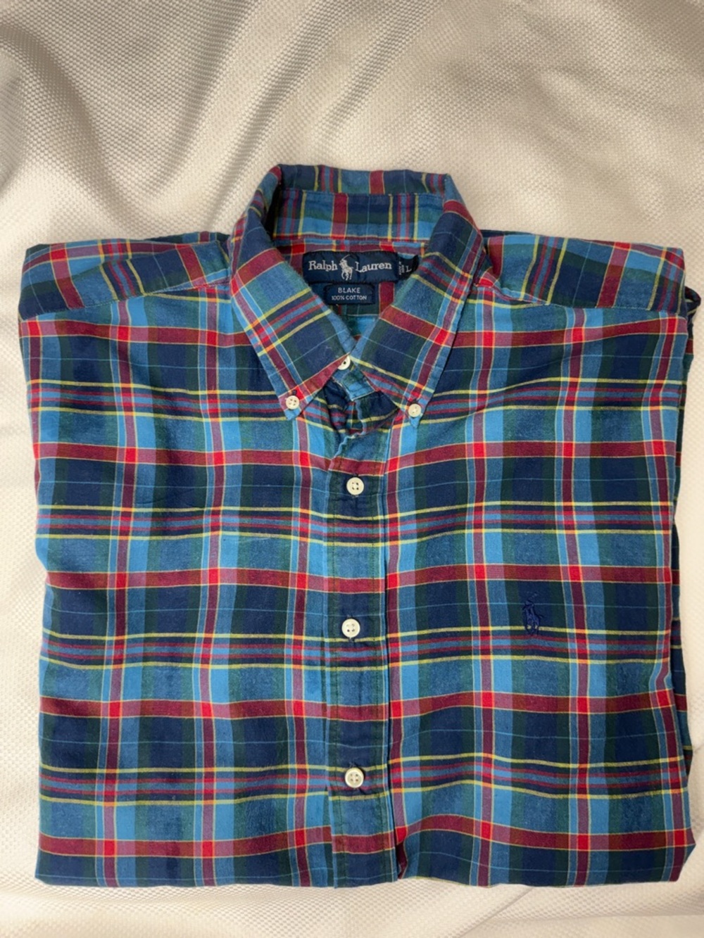 Ralph Lauren Blake Blue and Red Plaid Cotton Button-Down Shirt - Large